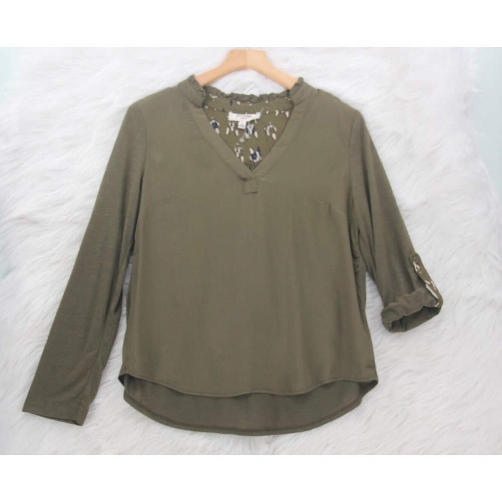 Porridge Anthropology Top Women S Army Green Boston Terrier Roll Tab Sleeve 1808